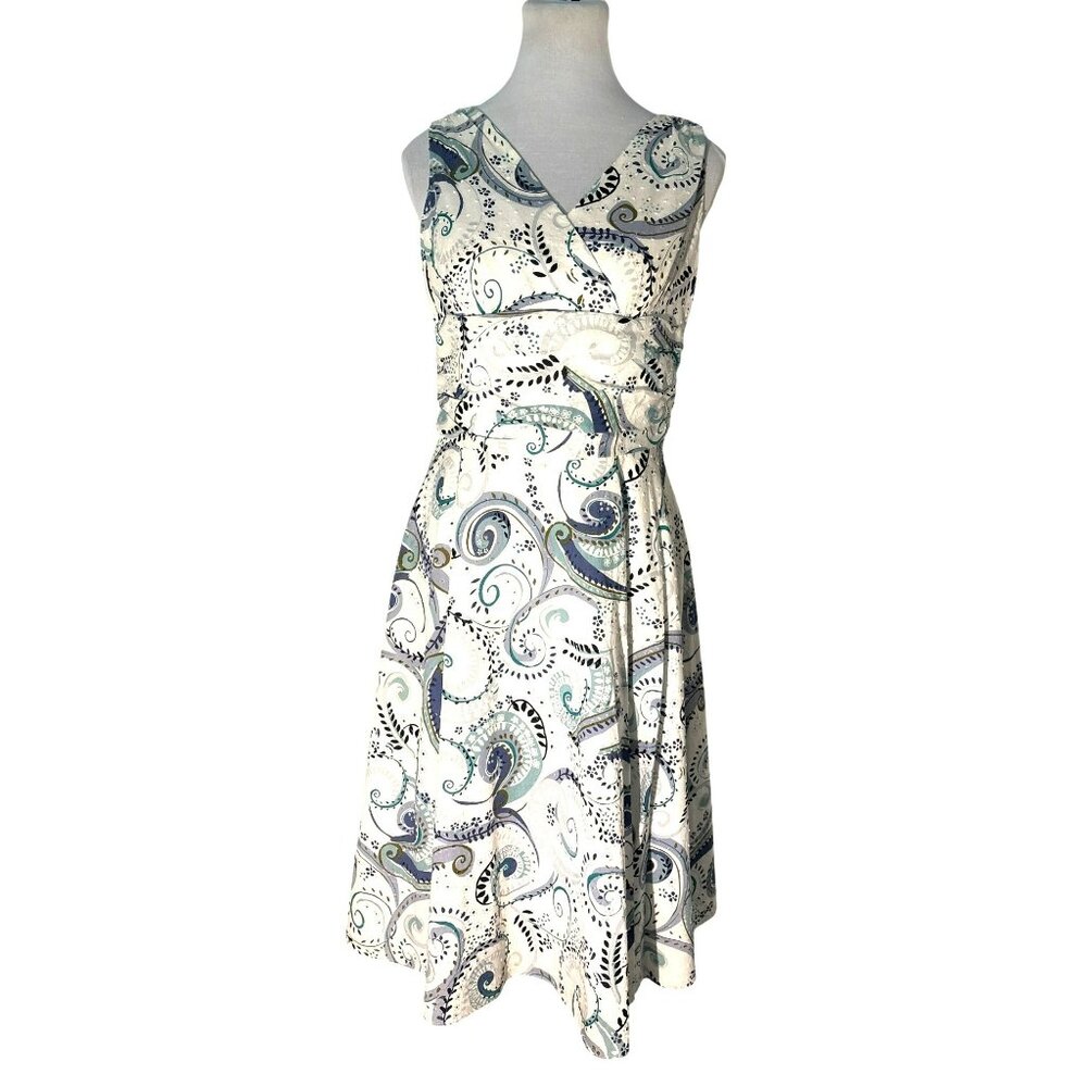 Dressbarn Sleeveless V-Neck White Base Paisley Pattern Cotton Midi Dress Size 6